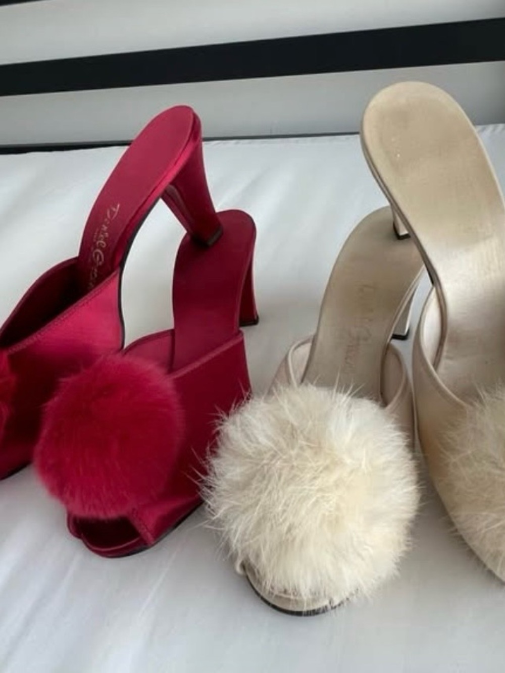 2 pairs of Daniel green silk heeled slippers